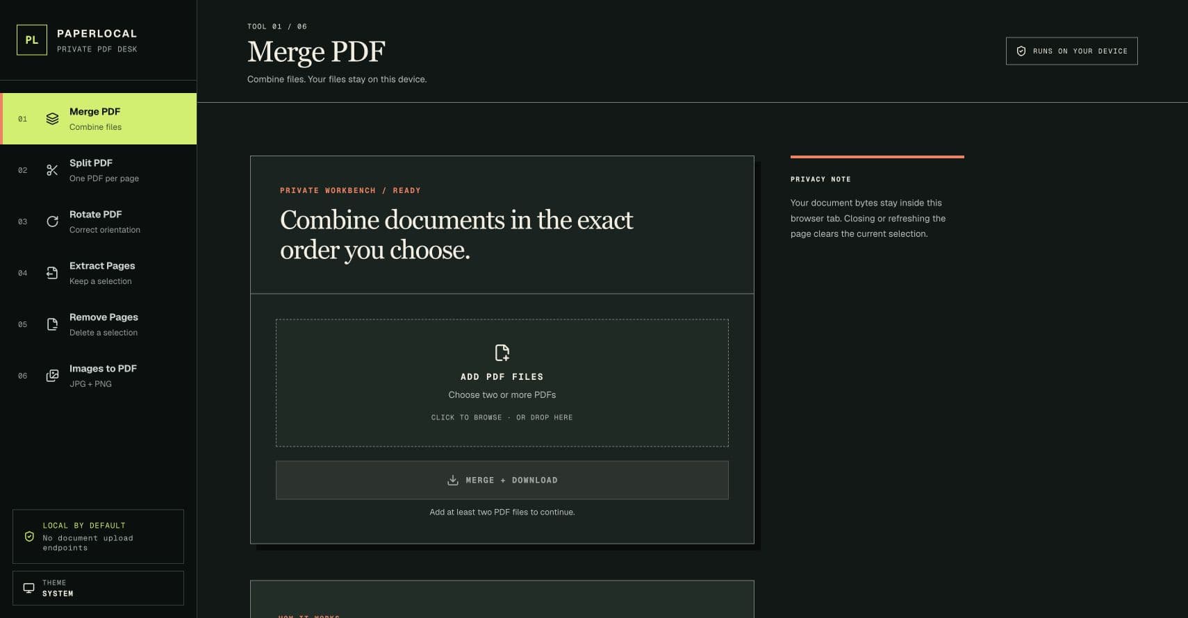Paperlocal Merge PDF workbench showing local processing controls and privacy messaging